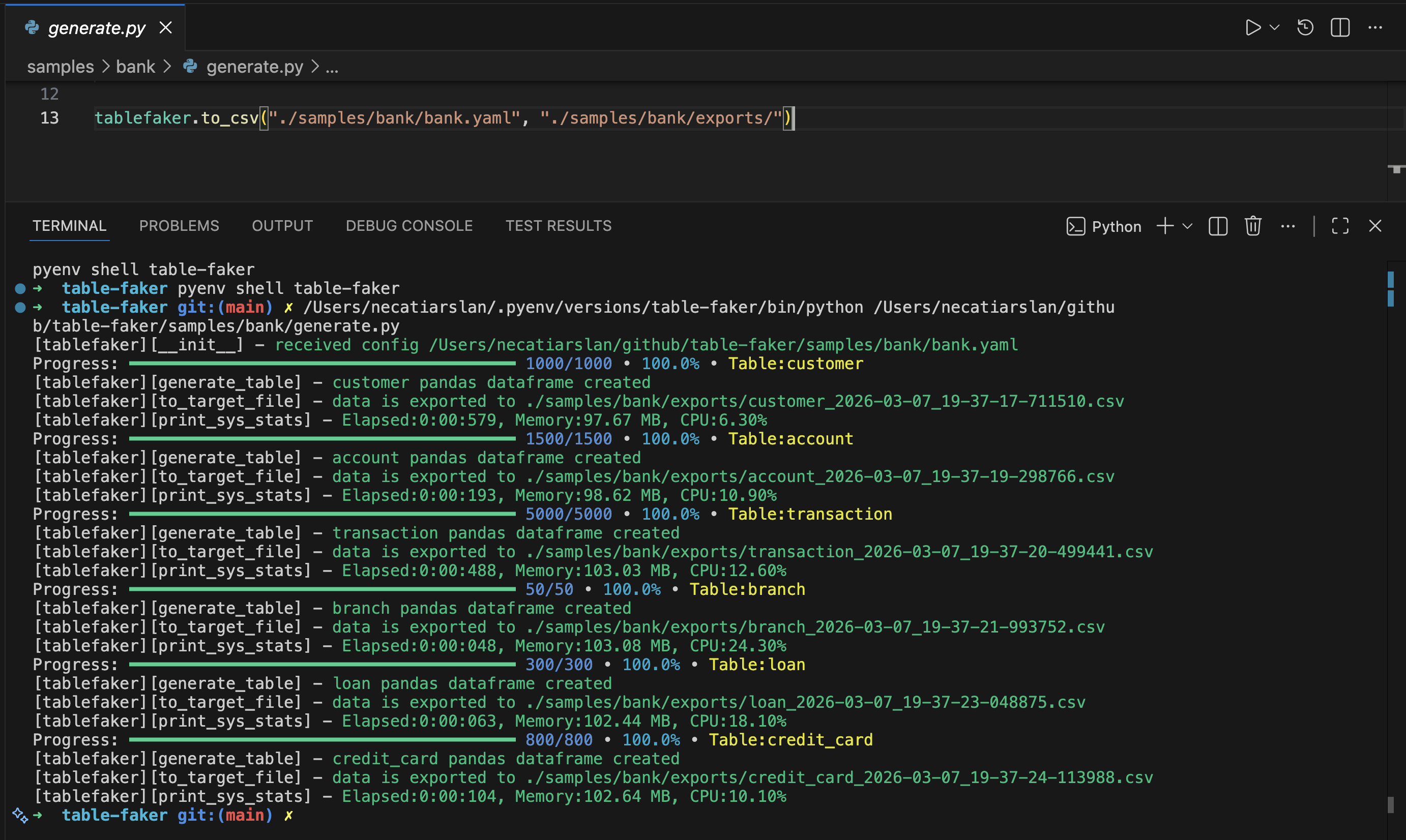 Bank data generated from YAML configuration